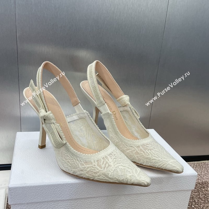 Dior JAdior Slingback Pumps 9.5cm in Transparent Mesh Embroidered with White Dior Cabinet de la Mer Motif 2024 (JC-241231043)