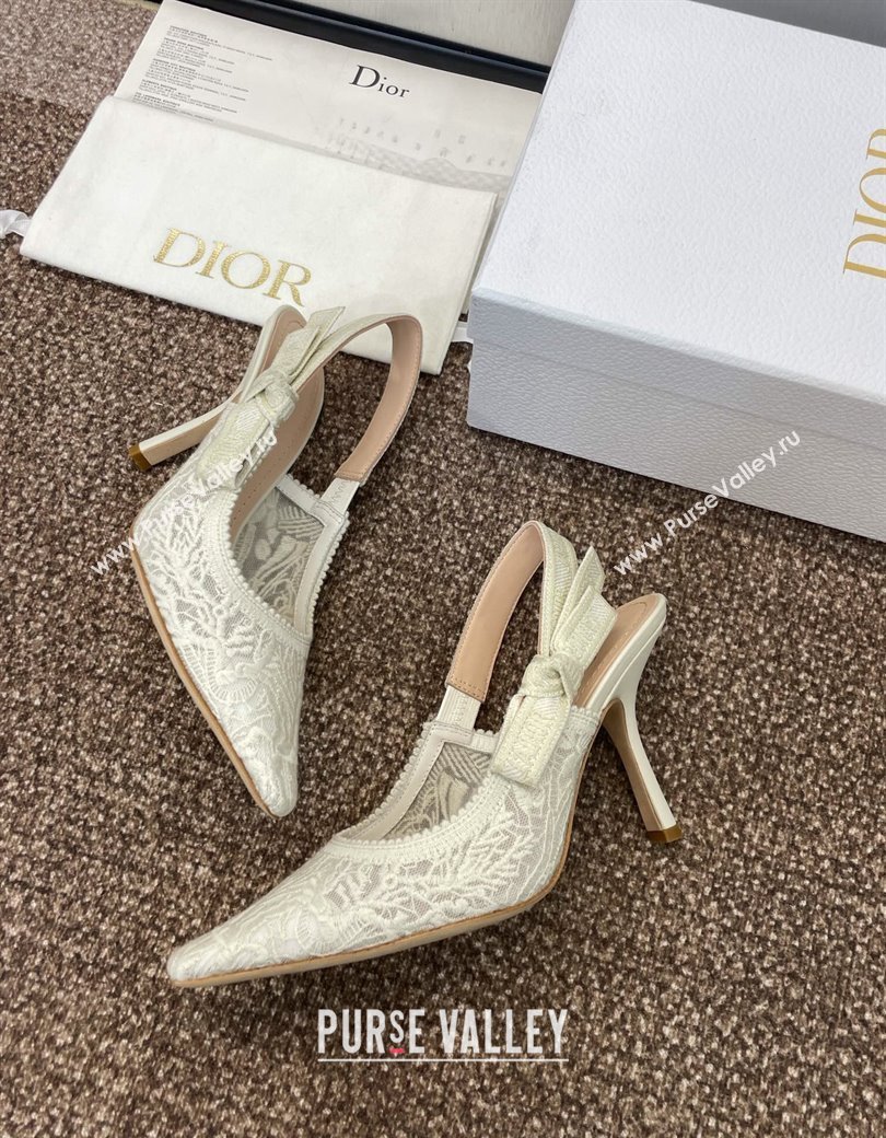 Dior JAdior Slingback Pumps 9.5cm in Transparent Mesh Embroidered with White Dior Cabinet de la Mer Motif 2024 (JC-241231043)