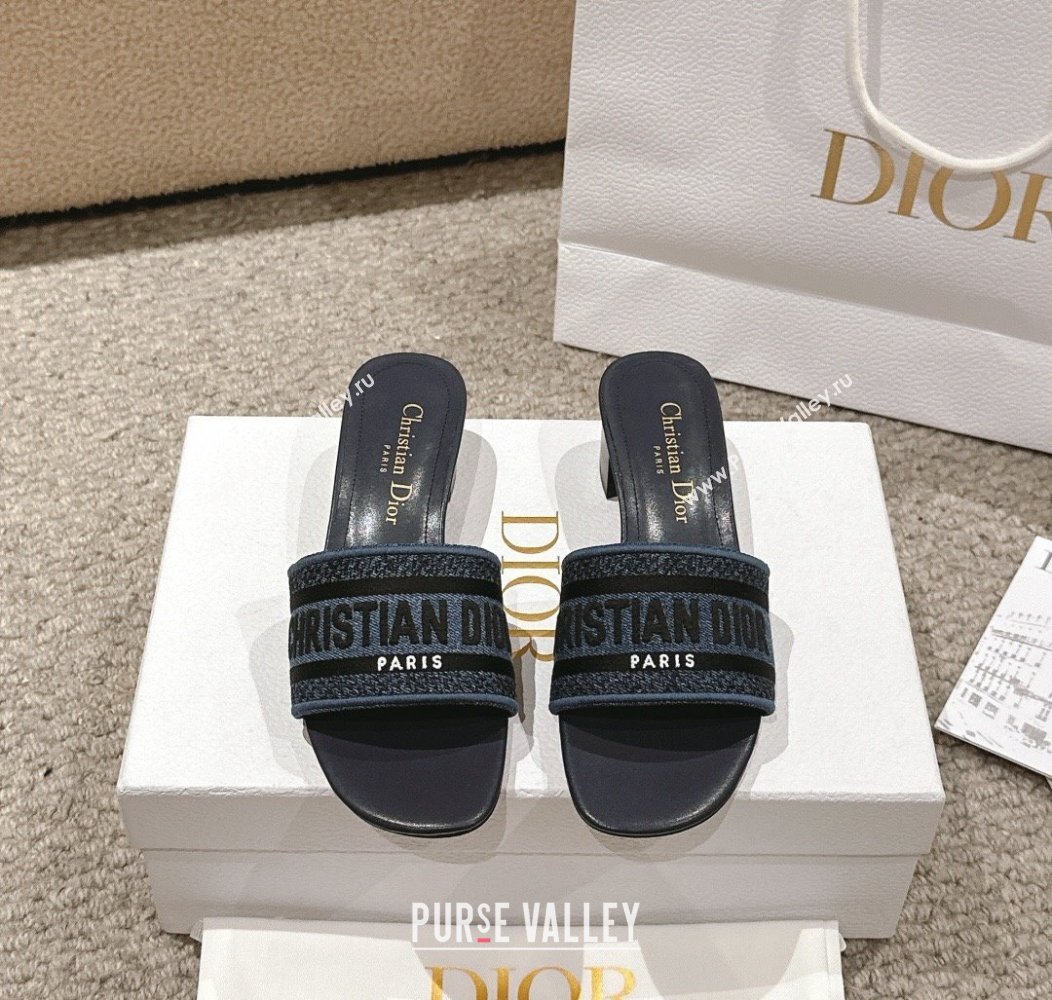 Dior Dway Heel Slides Sandal 4.5cm in Classic Embroidered Cotton Denim Blue 2024 1230 (MD-241231016)