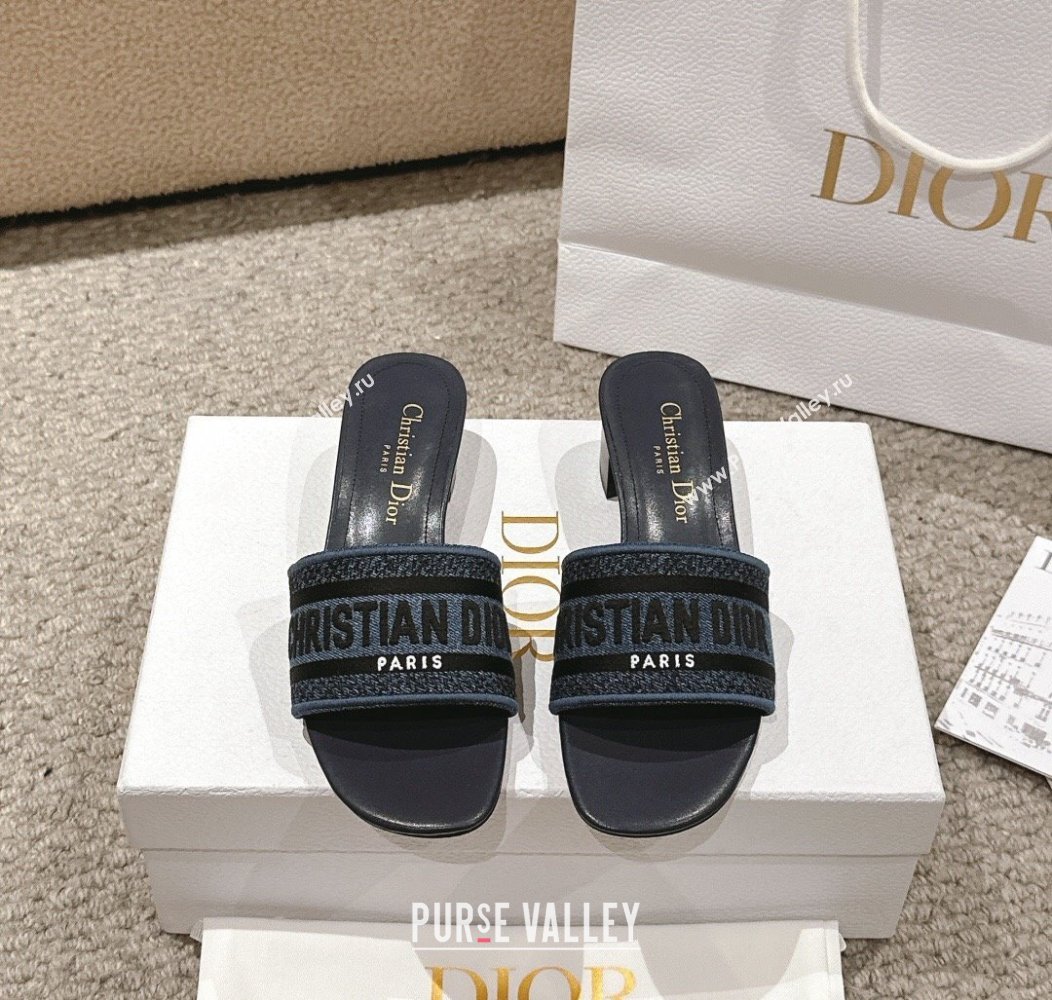 Dior Dway Heel Slides Sandal 4.5cm in Classic Embroidered Cotton Denim Blue 2024 1230 (MD-241231016)