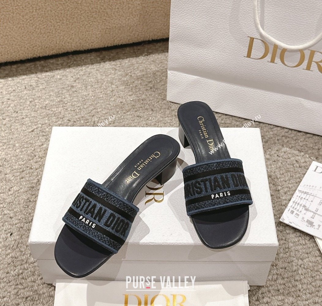 Dior Dway Heel Slides Sandal 4.5cm in Classic Embroidered Cotton Denim Blue 2024 1230 (MD-241231016)