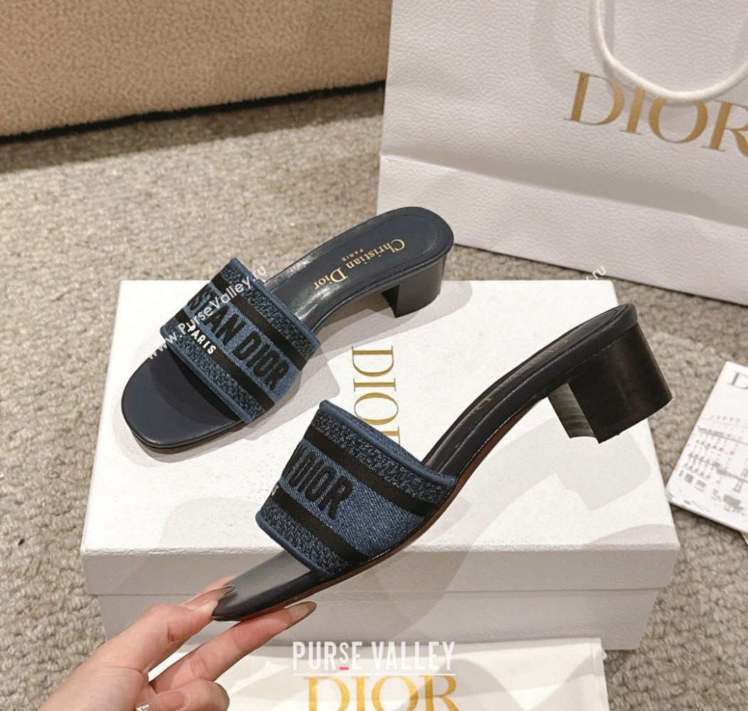 Dior Dway Heel Slides Sandal 4.5cm in Classic Embroidered Cotton Denim Blue 2024 1230 (MD-241231016)