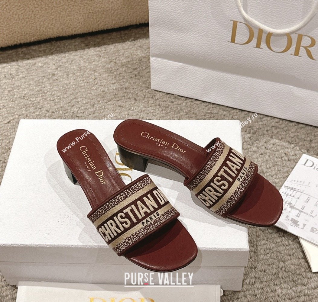 Dior Dway Heel Slides Sandal 4.5cm in Classic Embroidered Cotton Burgundy 2024 1230 (MD-241231017)