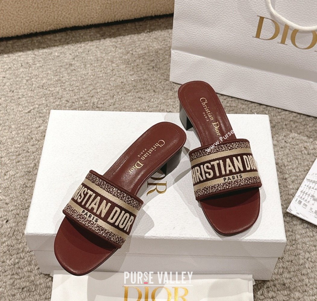 Dior Dway Heel Slides Sandal 4.5cm in Classic Embroidered Cotton Burgundy 2024 1230 (MD-241231017)