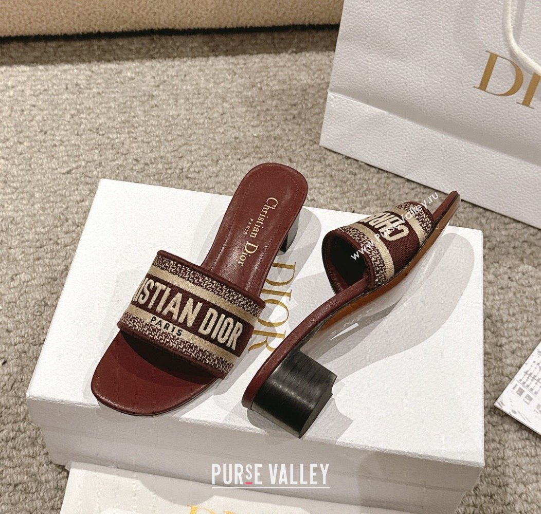 Dior Dway Heel Slides Sandal 4.5cm in Classic Embroidered Cotton Burgundy 2024 1230 (MD-241231017)