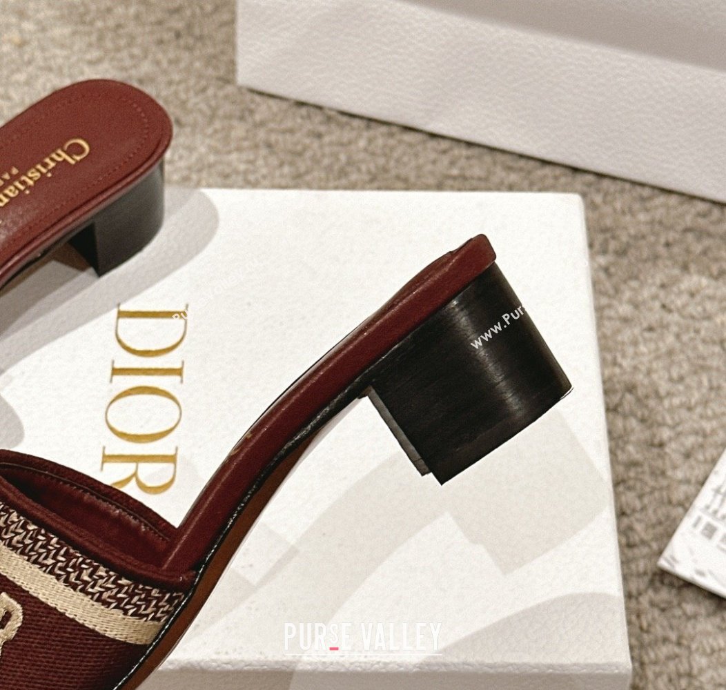 Dior Dway Heel Slides Sandal 4.5cm in Classic Embroidered Cotton Burgundy 2024 1230 (MD-241231017)