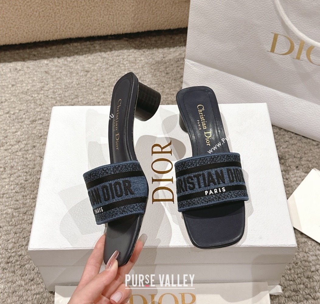 Dior Dway Heel Slides Sandal 3.5cm in Classic Embroidered Denim Dark Blue 2024 1230 (MD-241231018)