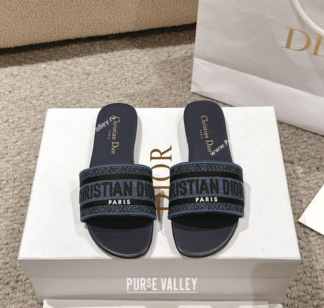 Dior Dway Flat Slides Sandal in Classic Embroidered Denim Dark Blue 2024 1230 (MD-241231023)