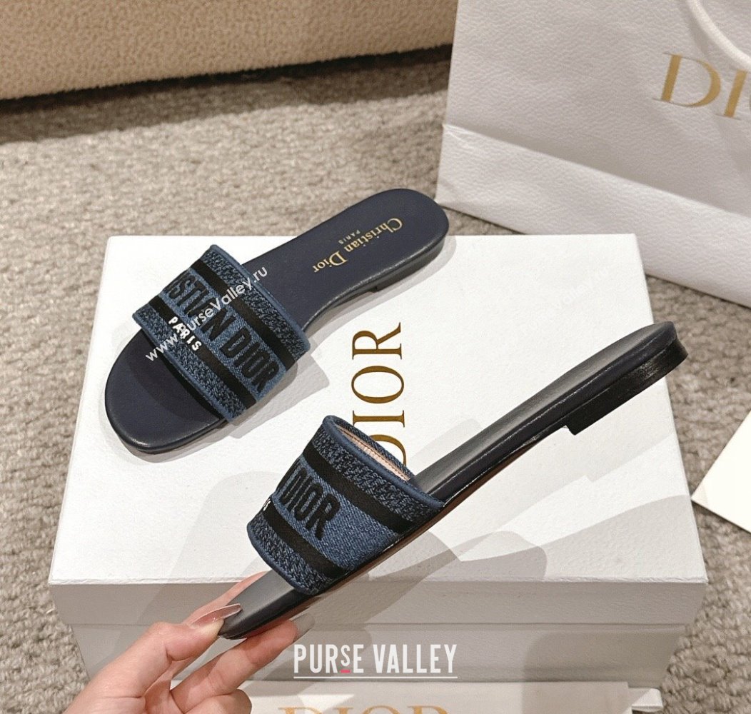 Dior Dway Flat Slides Sandal in Classic Embroidered Denim Dark Blue 2024 1230 (MD-241231023)