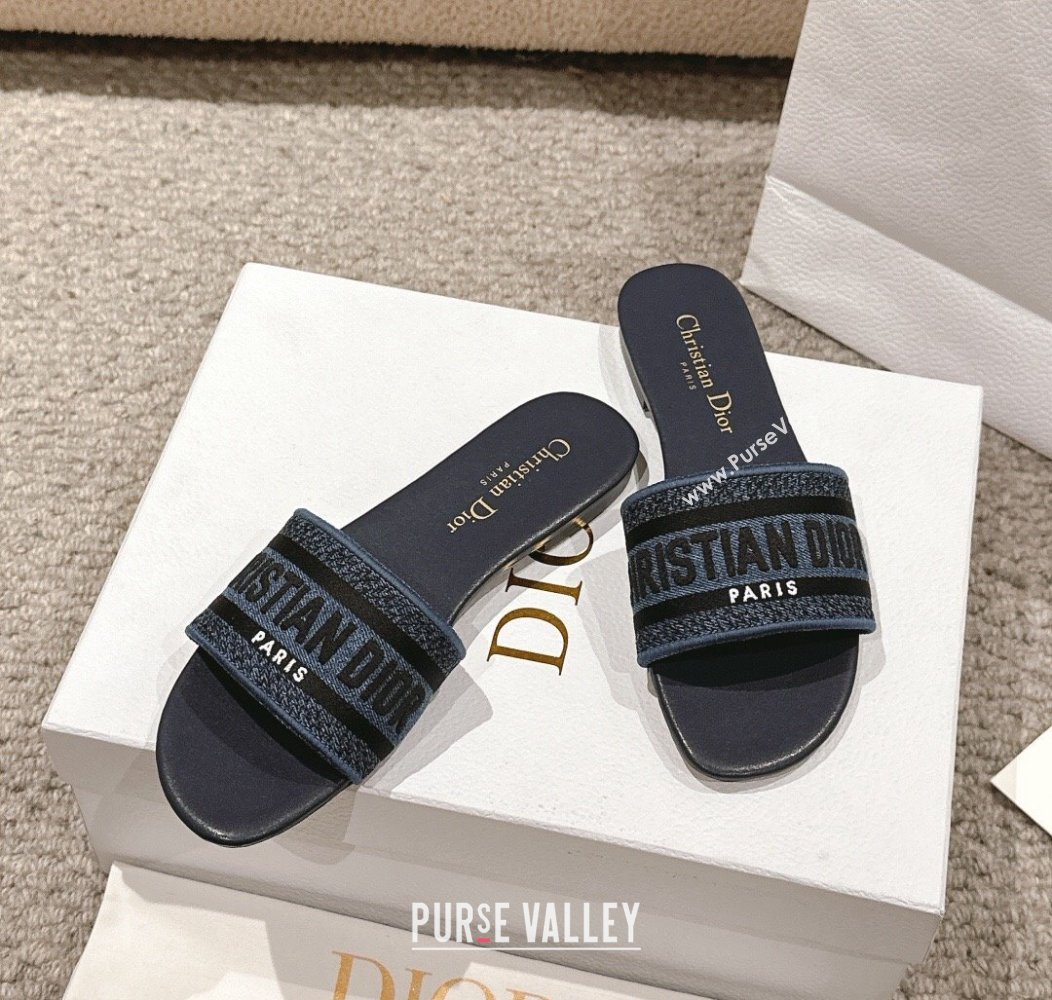 Dior Dway Flat Slides Sandal in Classic Embroidered Denim Dark Blue 2024 1230 (MD-241231023)