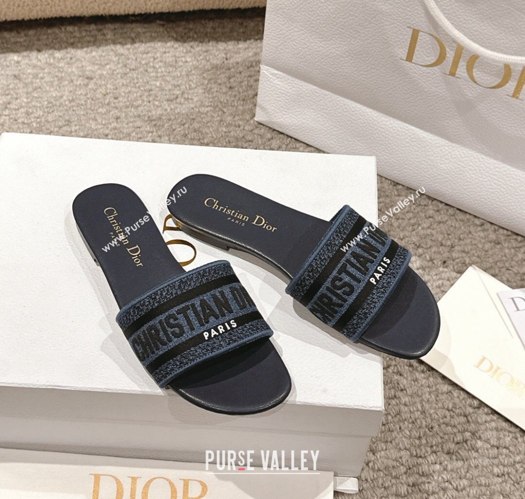 Dior Dway Flat Slides Sandal in Classic Embroidered Denim Dark Blue 2024 1230 (MD-241231023)