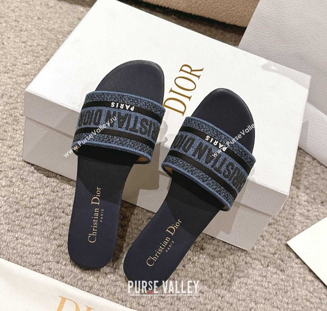 Dior Dway Flat Slides Sandal in Classic Embroidered Denim Dark Blue 2024 1230 (MD-241231023)