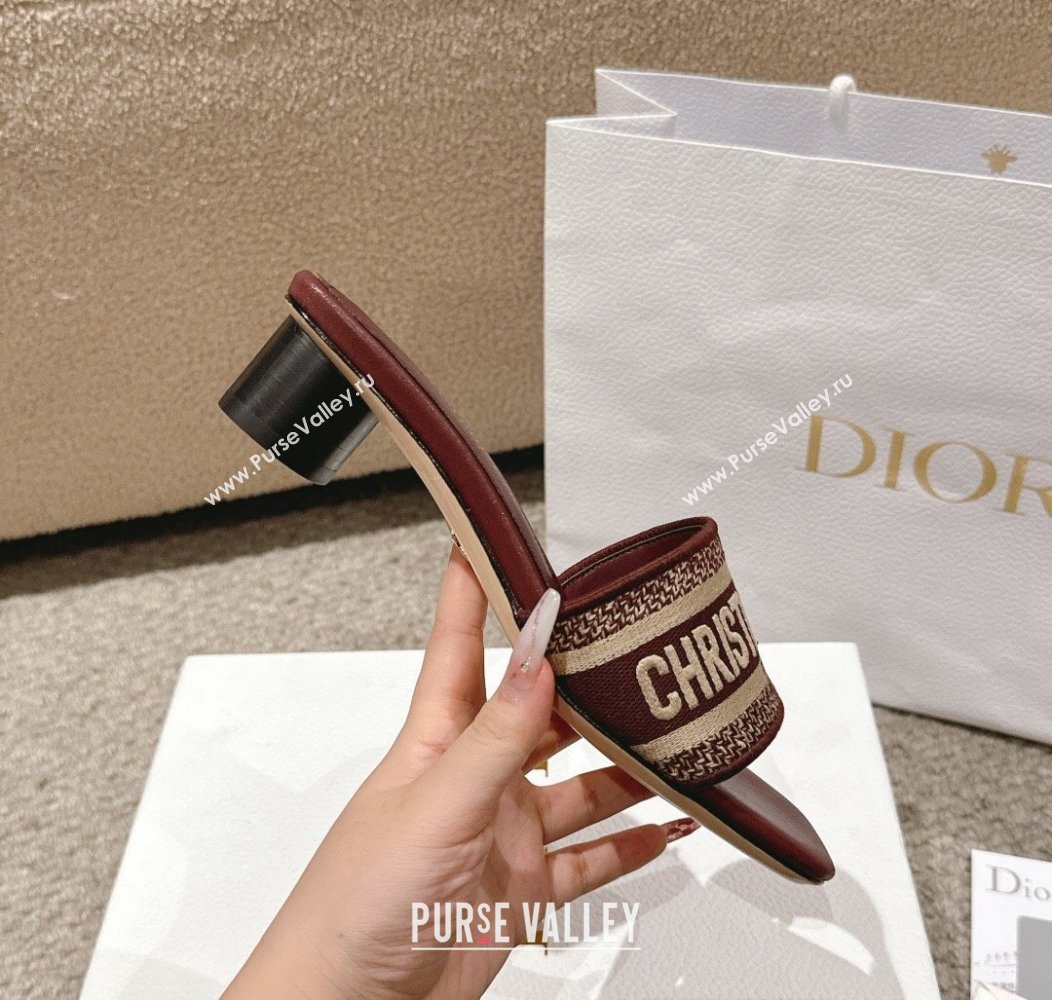 Dior Dway Heel Slides Sandal 3.5cm in Classic Embroidered Cotton Burgundy 2024 1230 (MD-241231022)