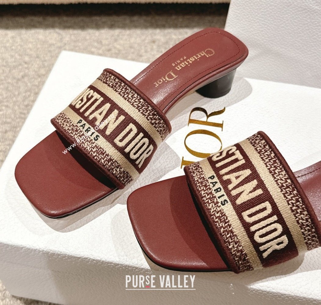 Dior Dway Heel Slides Sandal 3.5cm in Classic Embroidered Cotton Burgundy 2024 1230 (MD-241231022)