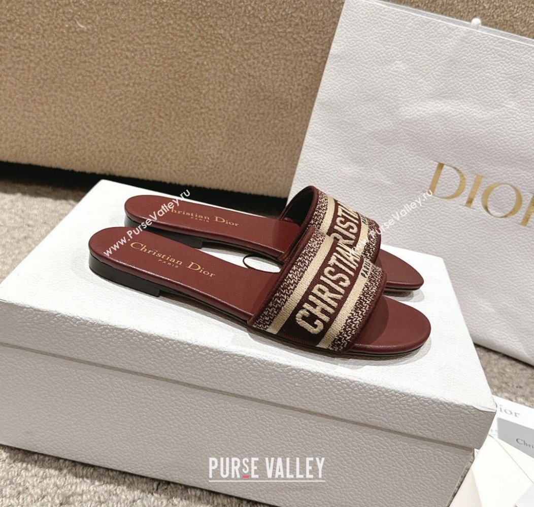 Dior Dway Flat Slides Sandal in Classic Embroidered Cotton Burgundy 2024 1230 (MD-241231027)