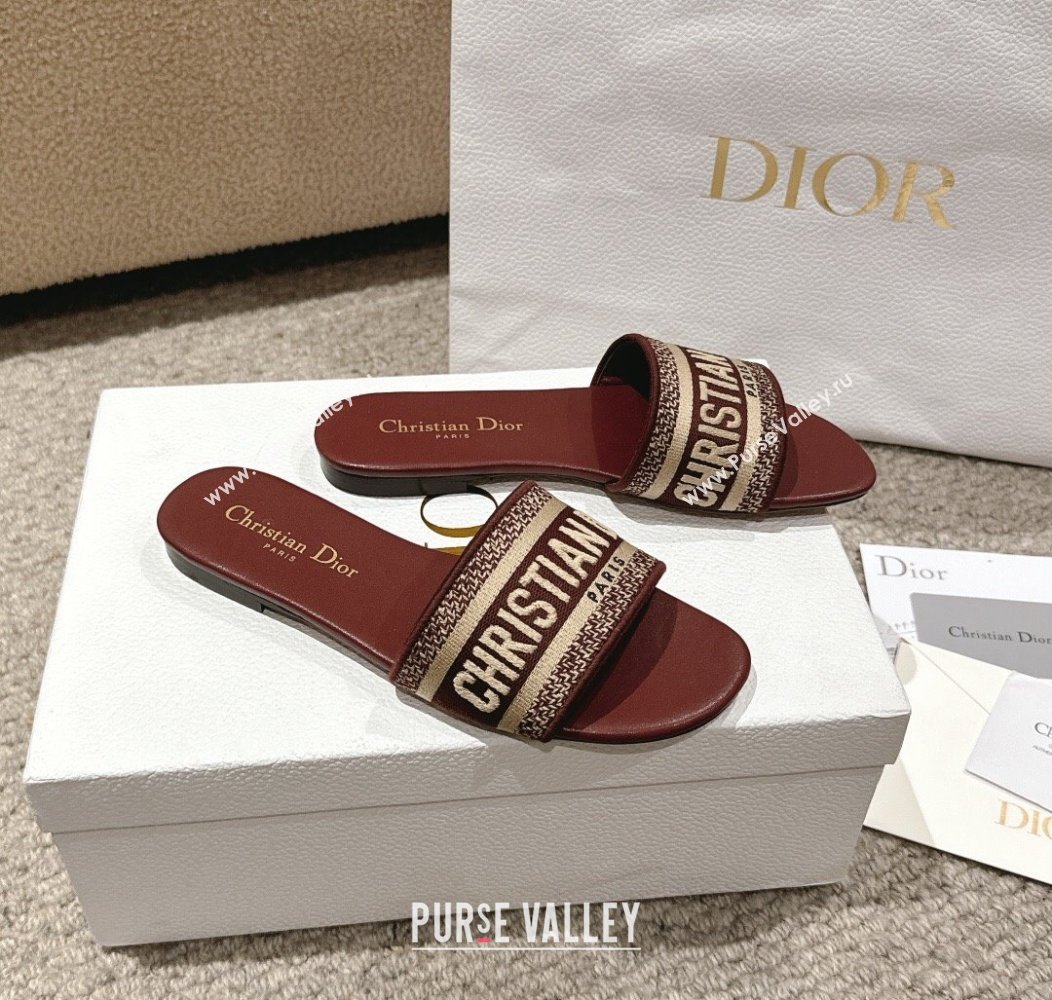 Dior Dway Flat Slides Sandal in Classic Embroidered Cotton Burgundy 2024 1230 (MD-241231027)