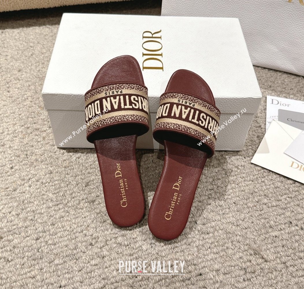 Dior Dway Flat Slides Sandal in Classic Embroidered Cotton Burgundy 2024 1230 (MD-241231027)