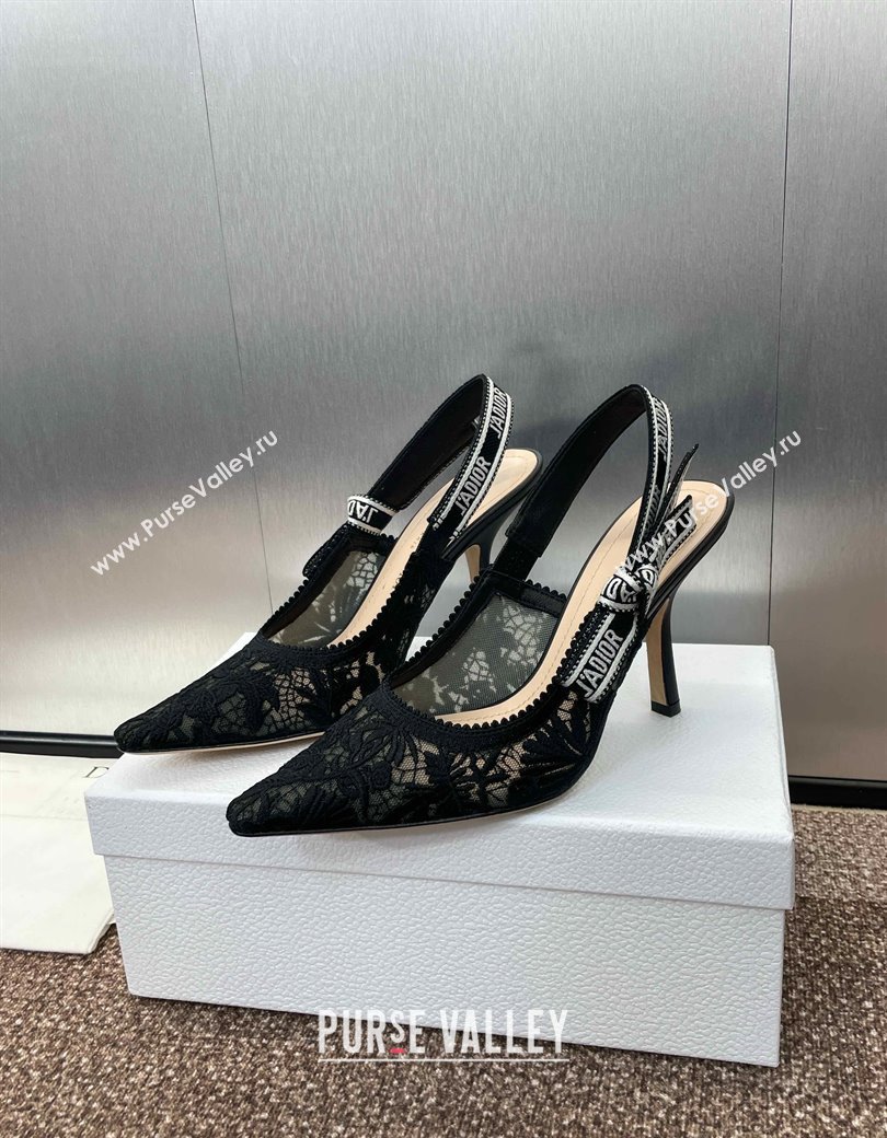 Dior JAdior Slingback Pumps 9.5cm in Transparent Mesh with Black Chardons Embroidery 2024 (JC-241231041)