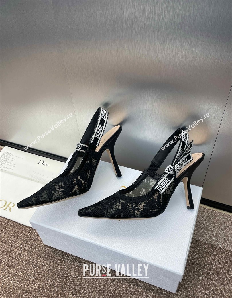 Dior JAdior Slingback Pumps 9.5cm in Transparent Mesh with Black Chardons Embroidery 2024 (JC-241231041)