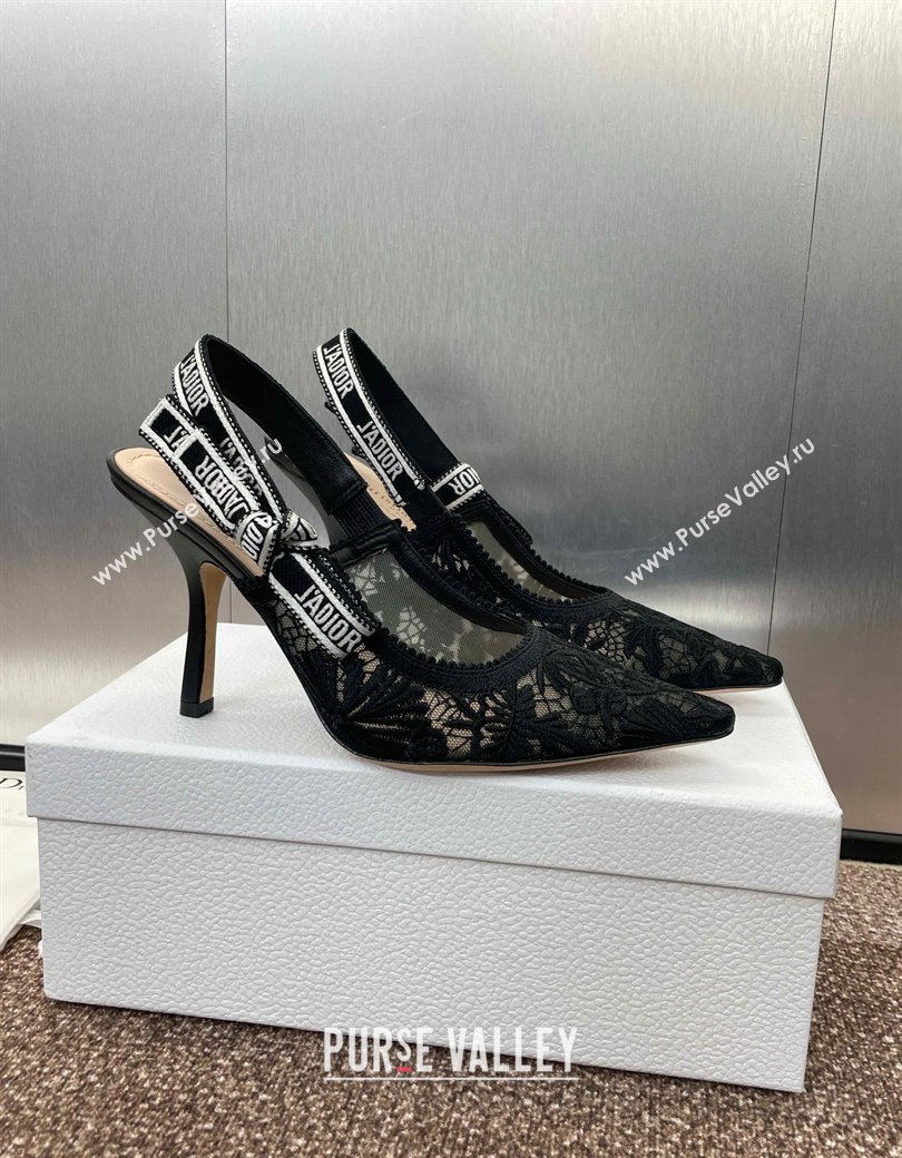 Dior JAdior Slingback Pumps 9.5cm in Transparent Mesh with Black Chardons Embroidery 2024 (JC-241231041)