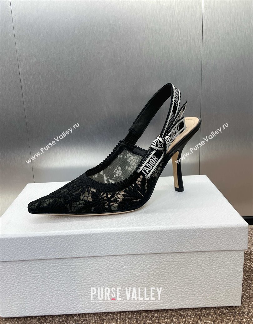 Dior JAdior Slingback Pumps 9.5cm in Transparent Mesh with Black Chardons Embroidery 2024 (JC-241231041)