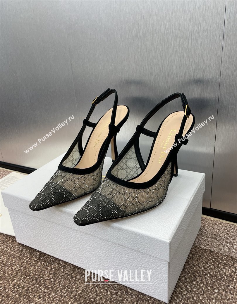 Dior Capture Slingback Pumps 9.5cm in Transparent Mesh with Silver-Tone Strass Cannage Motif and Black Suede 2024 (JC-241231049)