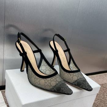 Dior Capture Slingback Pumps 9.5cm in Transparent Mesh with Silver-Tone Strass Cannage Motif and Black Suede 2024 (JC-241231049)