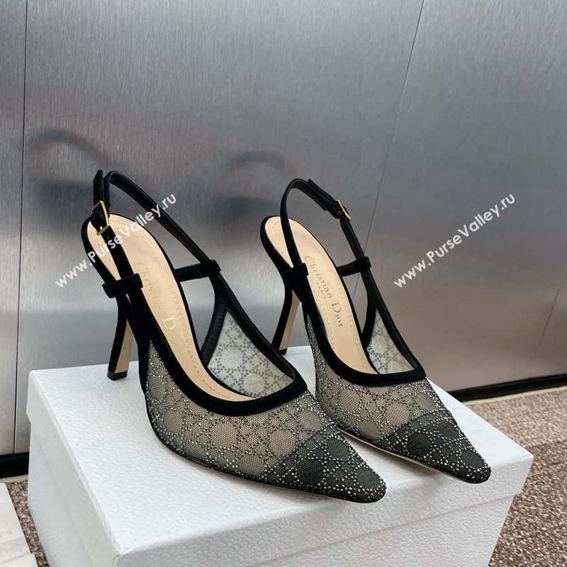 Dior Capture Slingback Pumps 9.5cm in Transparent Mesh with Silver-Tone Strass Cannage Motif and Black Suede 2024 (JC-241231049)