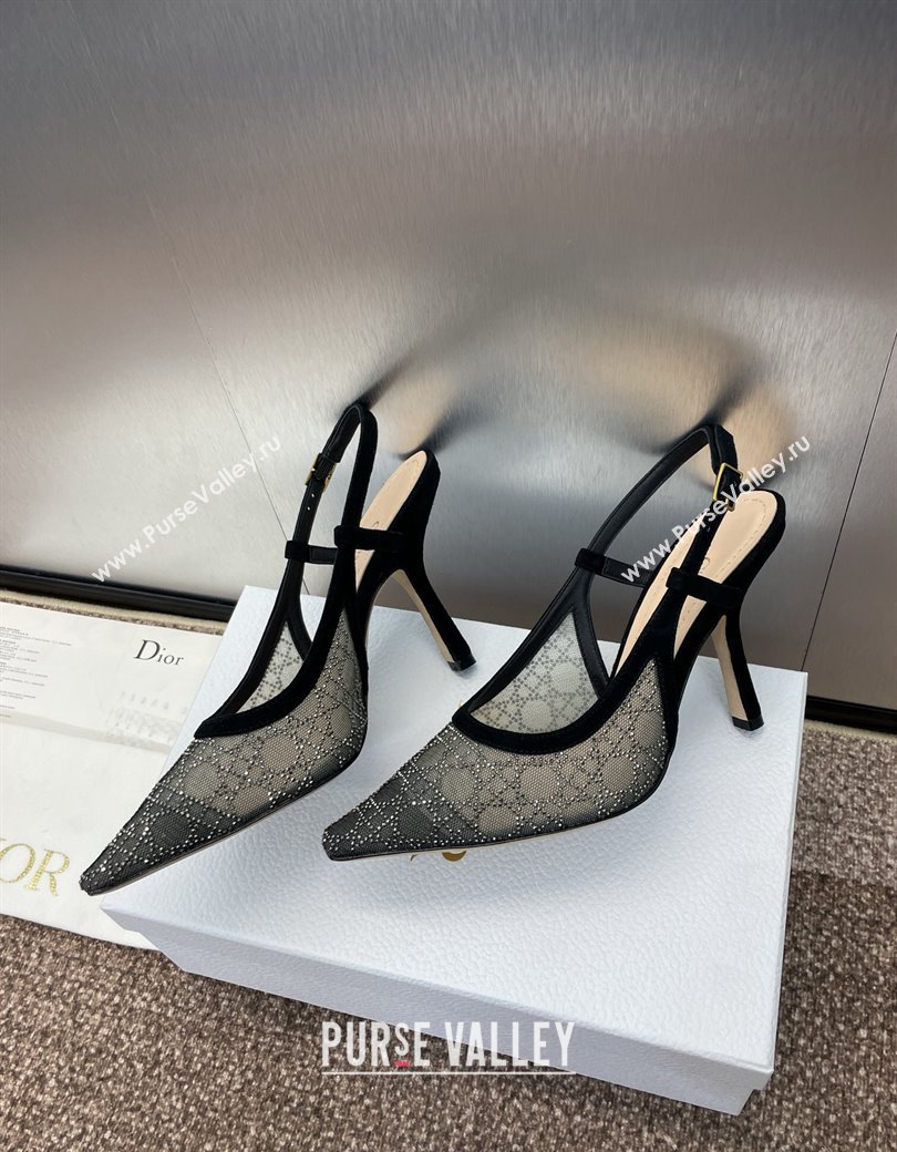 Dior Capture Slingback Pumps 9.5cm in Transparent Mesh with Silver-Tone Strass Cannage Motif and Black Suede 2024 (JC-241231049)