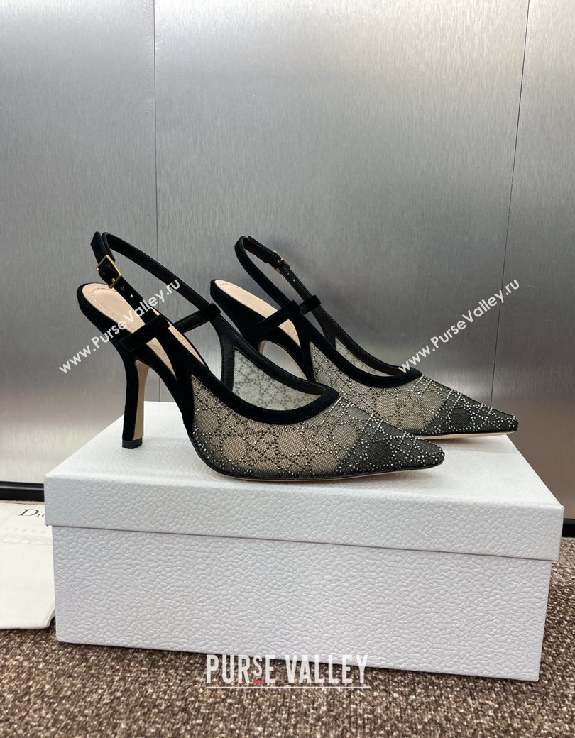 Dior Capture Slingback Pumps 9.5cm in Transparent Mesh with Silver-Tone Strass Cannage Motif and Black Suede 2024 (JC-241231049)