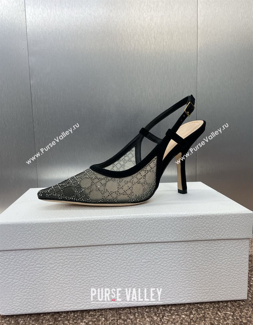 Dior Capture Slingback Pumps 9.5cm in Transparent Mesh with Silver-Tone Strass Cannage Motif and Black Suede 2024 (JC-241231049)