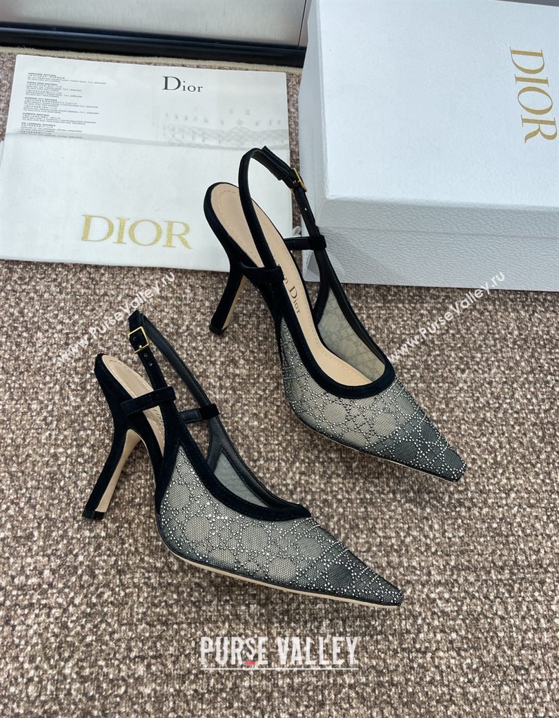 Dior Capture Slingback Pumps 9.5cm in Transparent Mesh with Silver-Tone Strass Cannage Motif and Black Suede 2024 (JC-241231049)