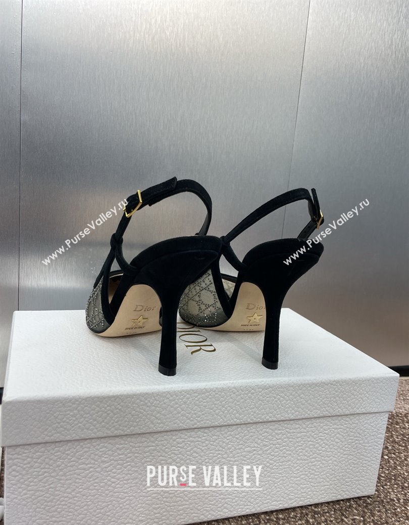 Dior Capture Slingback Pumps 9.5cm in Transparent Mesh with Silver-Tone Strass Cannage Motif and Black Suede 2024 (JC-241231049)