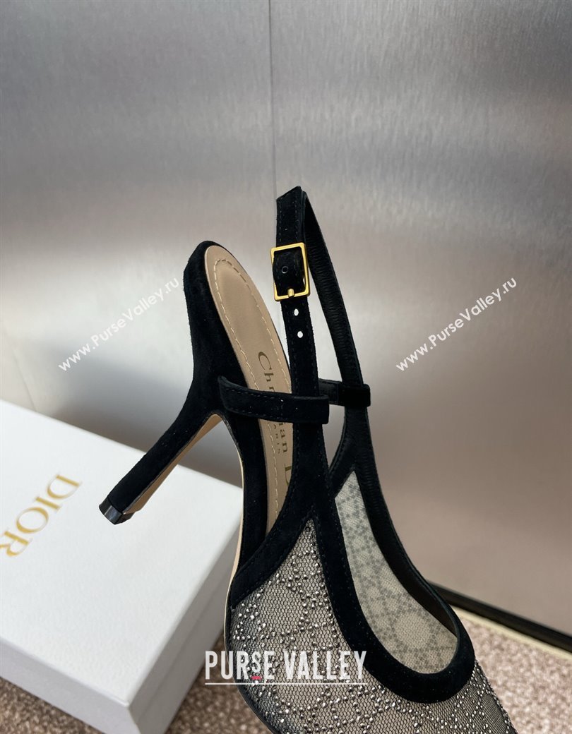 Dior Capture Slingback Pumps 9.5cm in Transparent Mesh with Silver-Tone Strass Cannage Motif and Black Suede 2024 (JC-241231049)