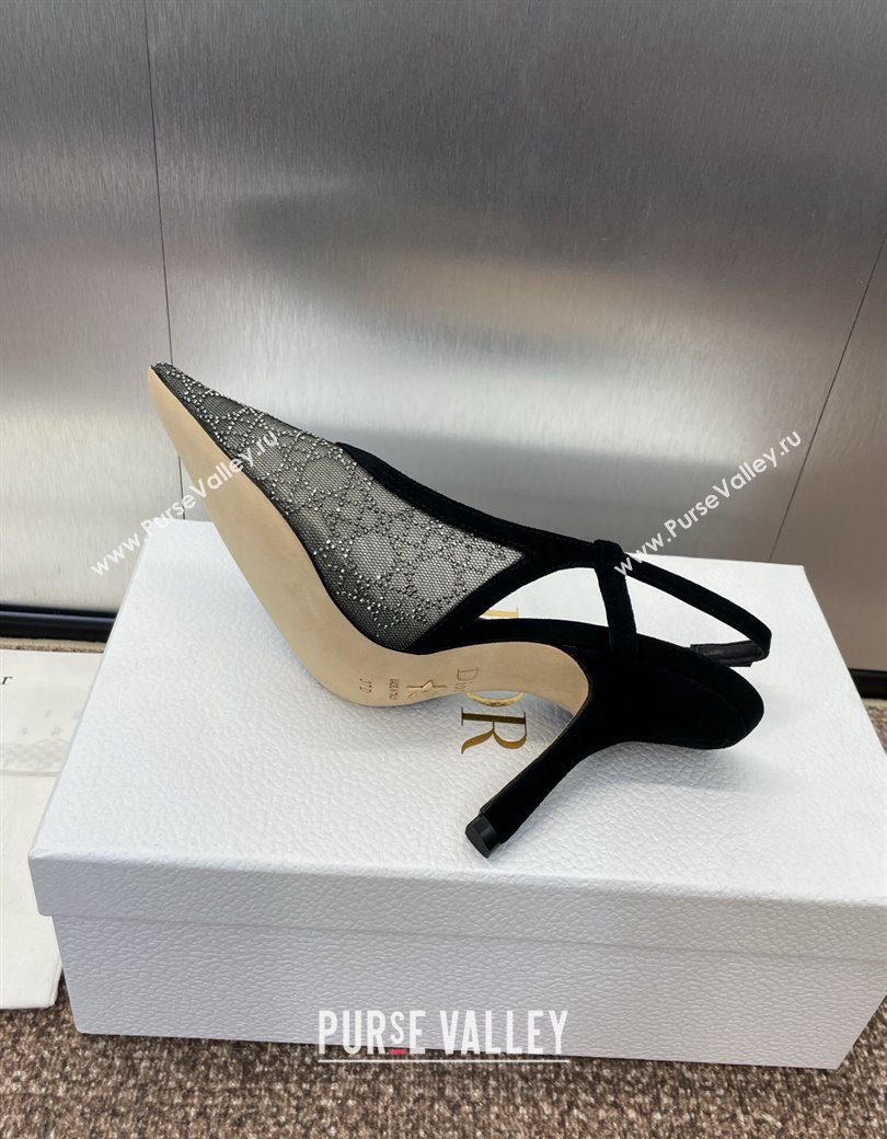 Dior Capture Slingback Pumps 9.5cm in Transparent Mesh with Silver-Tone Strass Cannage Motif and Black Suede 2024 (JC-241231049)