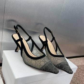 Dior Capture Slingback Pumps 6.5cm in Transparent Mesh with Silver-Tone Strass Cannage Motif and Black Suede 2024 (JC-241231050)