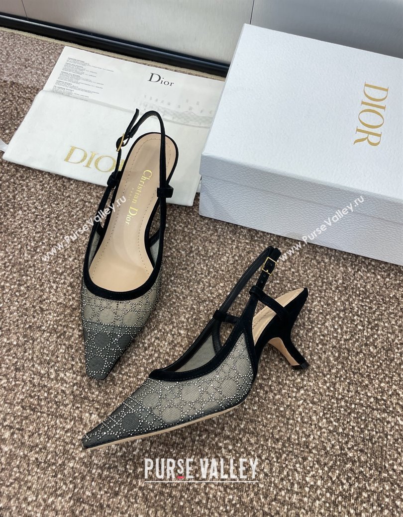 Dior Capture Slingback Pumps 6.5cm in Transparent Mesh with Silver-Tone Strass Cannage Motif and Black Suede 2024 (JC-241231050)