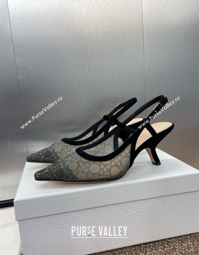 Dior Capture Slingback Pumps 6.5cm in Transparent Mesh with Silver-Tone Strass Cannage Motif and Black Suede 2024 (JC-241231050)