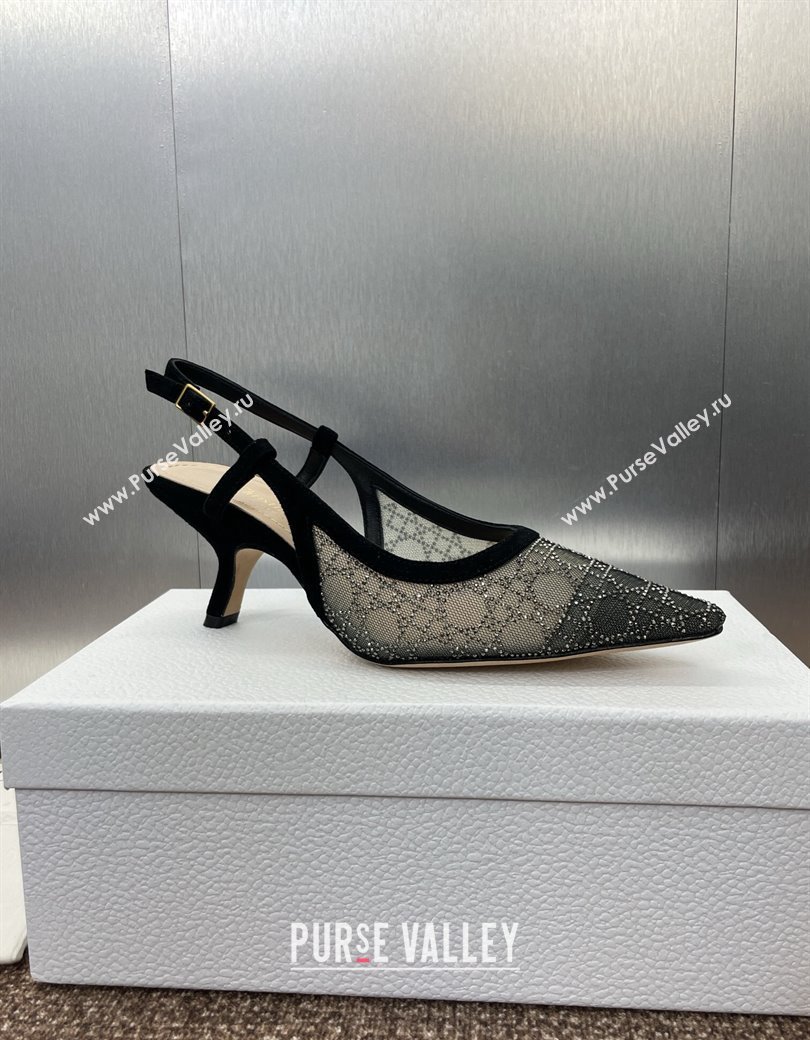 Dior Capture Slingback Pumps 6.5cm in Transparent Mesh with Silver-Tone Strass Cannage Motif and Black Suede 2024 (JC-241231050)