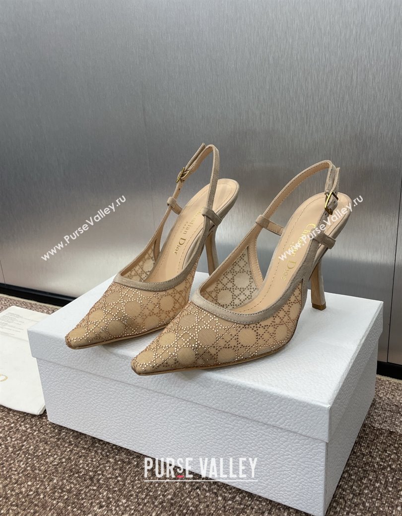 Dior Capture Slingback Pumps 9.5cm in Transparent Mesh with Gold-Tone Strass Cannage Motif and Beige Suede 2024 (JC-241231051)