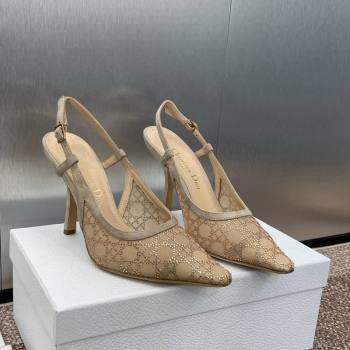 Dior Capture Slingback Pumps 9.5cm in Transparent Mesh with Gold-Tone Strass Cannage Motif and Beige Suede 2024 (JC-241231051)