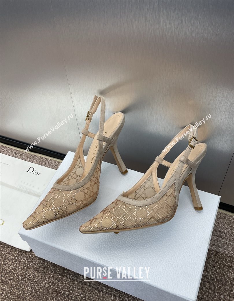 Dior Capture Slingback Pumps 9.5cm in Transparent Mesh with Gold-Tone Strass Cannage Motif and Beige Suede 2024 (JC-241231051)