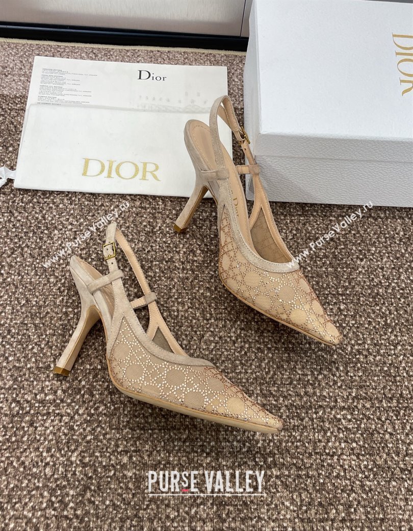 Dior Capture Slingback Pumps 9.5cm in Transparent Mesh with Gold-Tone Strass Cannage Motif and Beige Suede 2024 (JC-241231051)