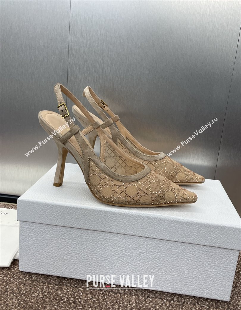 Dior Capture Slingback Pumps 9.5cm in Transparent Mesh with Gold-Tone Strass Cannage Motif and Beige Suede 2024 (JC-241231051)