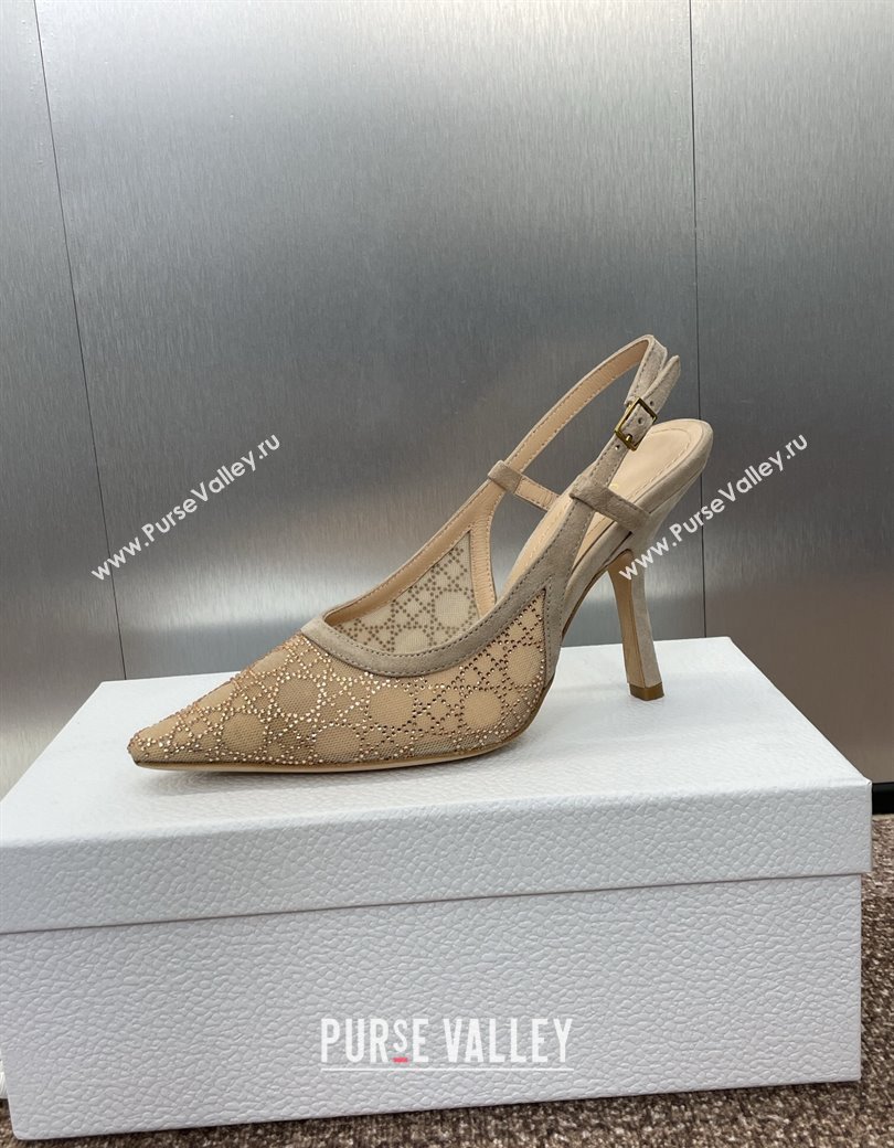 Dior Capture Slingback Pumps 9.5cm in Transparent Mesh with Gold-Tone Strass Cannage Motif and Beige Suede 2024 (JC-241231051)