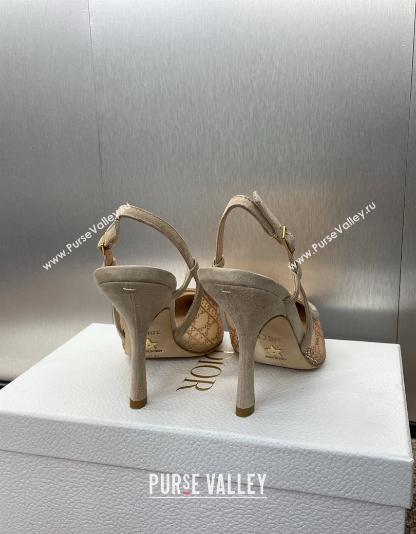 Dior Capture Slingback Pumps 9.5cm in Transparent Mesh with Gold-Tone Strass Cannage Motif and Beige Suede 2024 (JC-241231051)