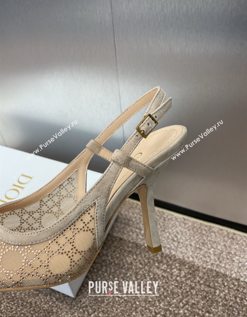 Dior Capture Slingback Pumps 9.5cm in Transparent Mesh with Gold-Tone Strass Cannage Motif and Beige Suede 2024 (JC-241231051)