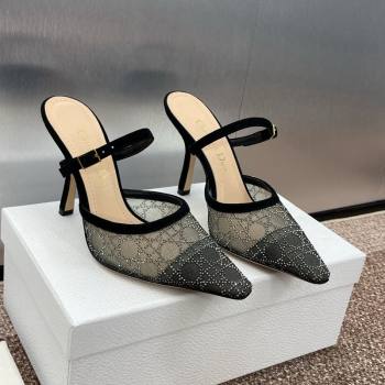 Dior Capture Heeled Mules 9.5cm in Transparent Mesh with Silver-Tone Strass Cannage Motif and Black Suede 2024 (JC-241231055)