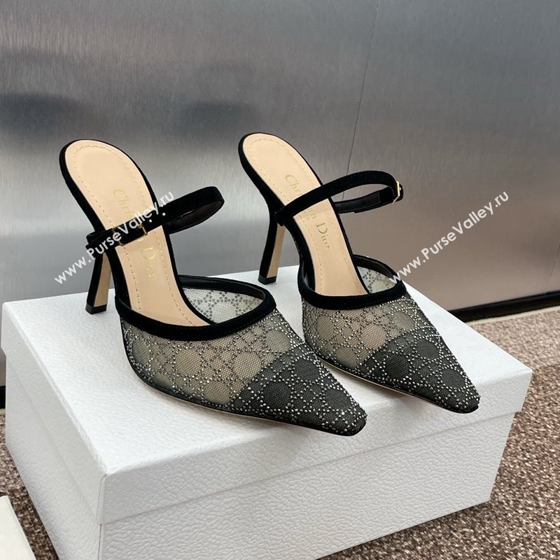 Dior Capture Heeled Mules 9.5cm in Transparent Mesh with Silver-Tone Strass Cannage Motif and Black Suede 2024 (JC-241231055)