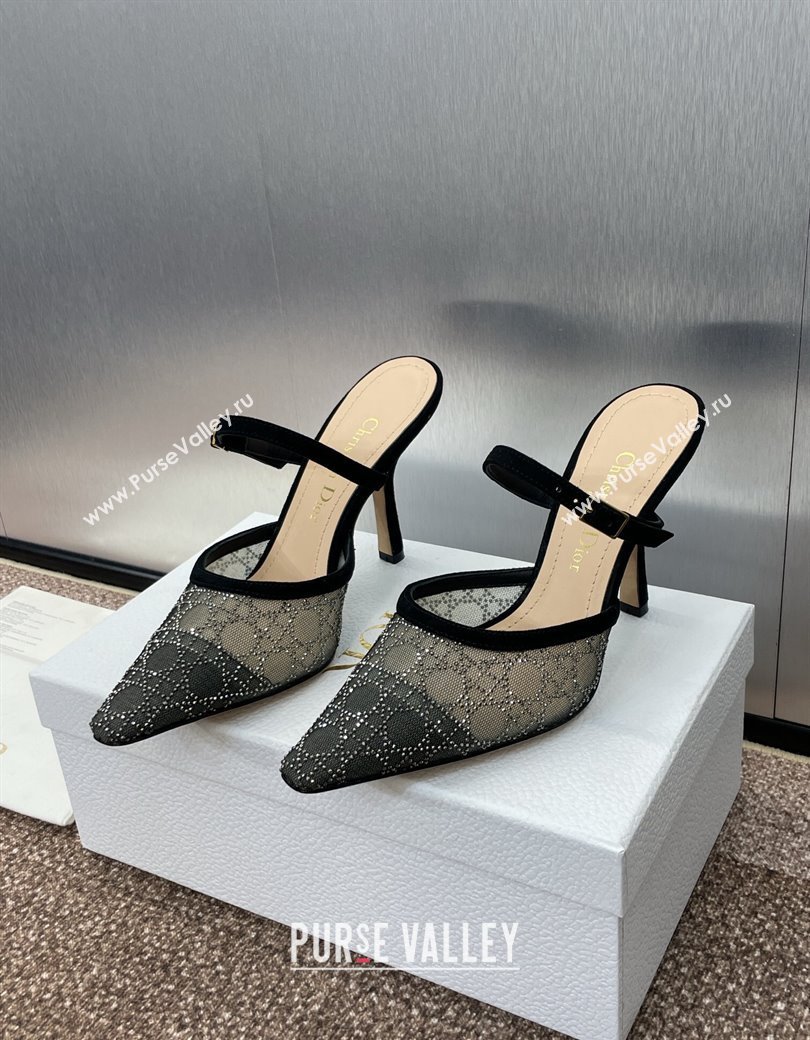 Dior Capture Heeled Mules 9.5cm in Transparent Mesh with Silver-Tone Strass Cannage Motif and Black Suede 2024 (JC-241231055)